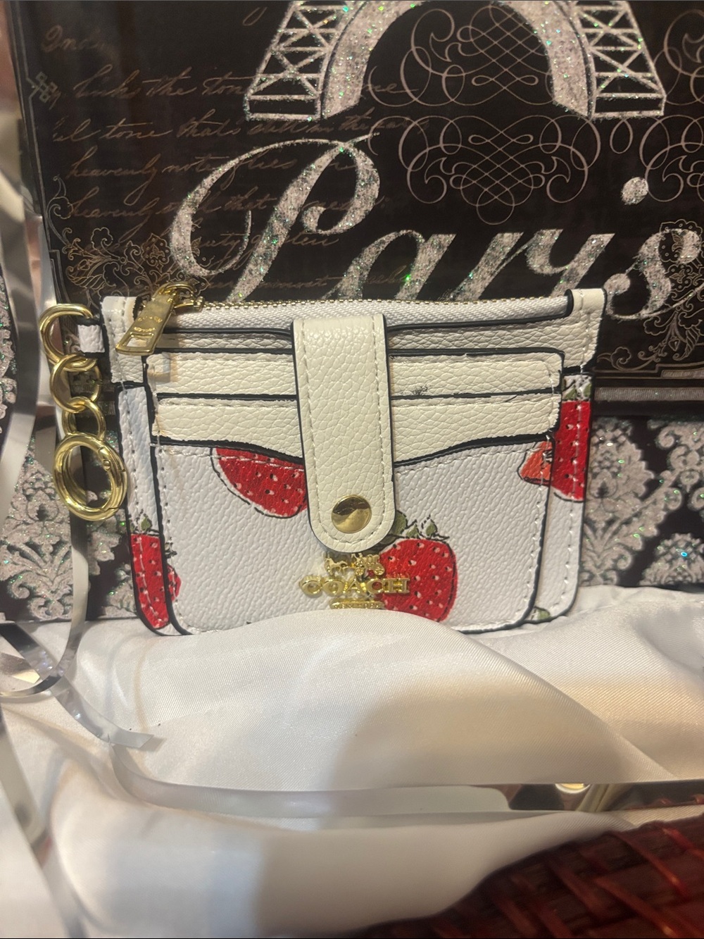 Coach Strawberry Print Card Case with Gold Hardware